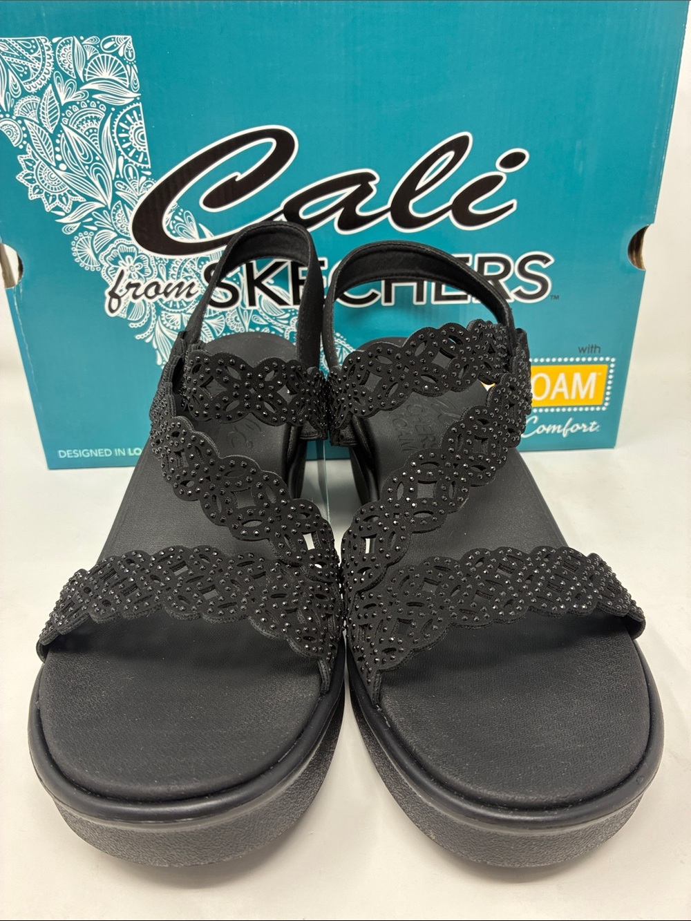 Skechers Black Cali Wedge Sandals with Decorative Laser-Cut Straps - Picture 2 of 6
